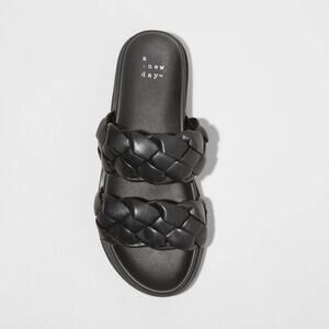 A New Day Size 7.5 Sage Black Braided Faux Leather Platform Slip On Sandals